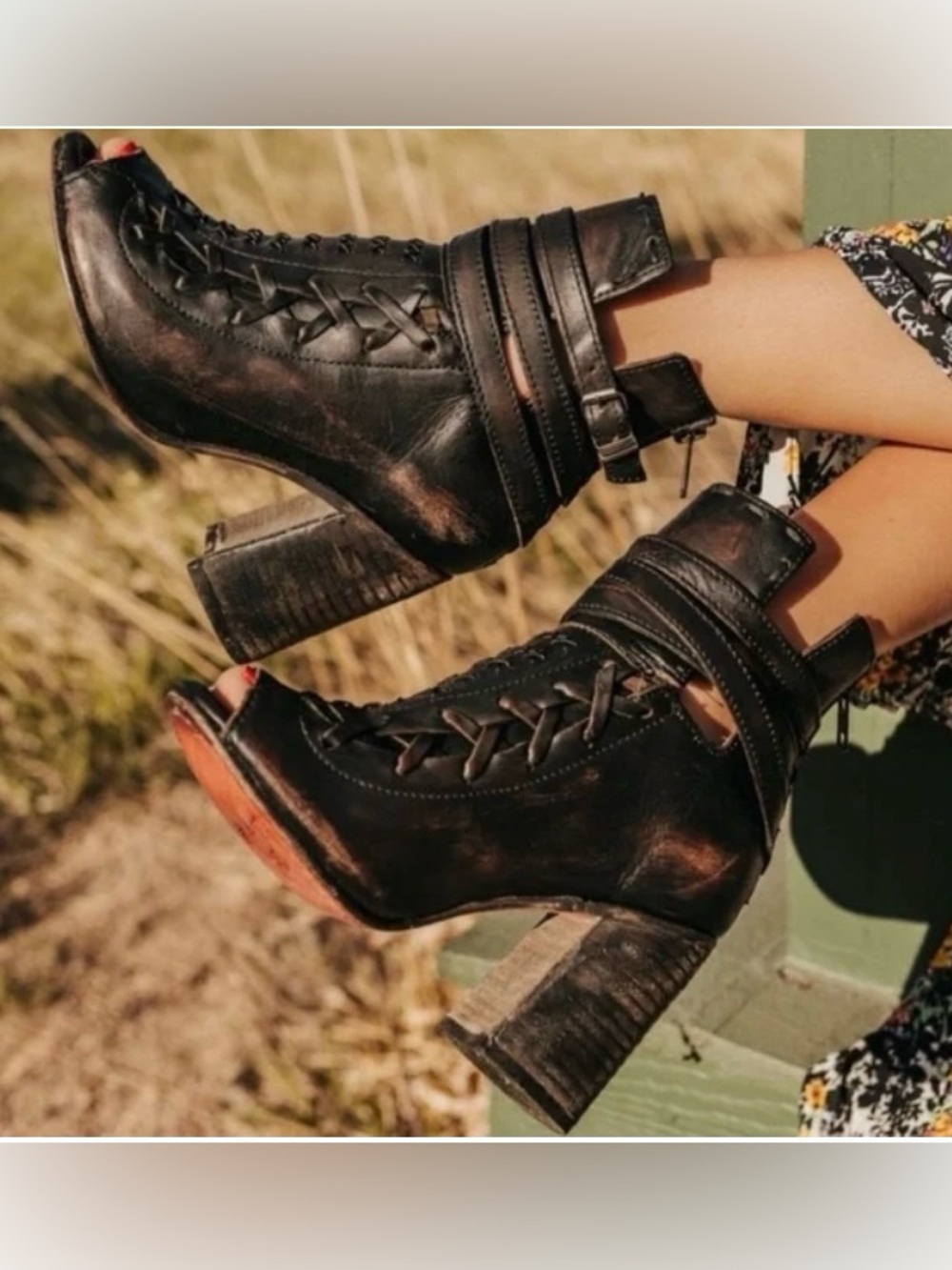 Black Leather Lace-Up Peep-Toe Block Heel Booties